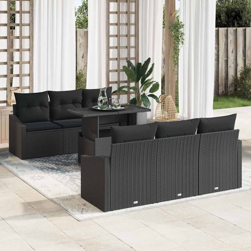 Garten-Sofa-Set mit Speicher 7 pcs Schwarz Poly Rattan
